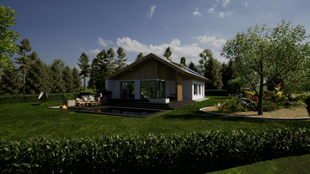 3D-Visualisierung eines eingeschossigen Hauses mit großzügigen Fenstern, umgeben von einem sattgrünen Garten mit Pool und entspannender Feuerstelle, gestaltet von Visual Injoy.