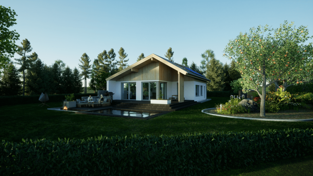 3D-Visualisierung eines modernen Einfamilienhauses mit Giebeldach in einer grünen Gartenlandschaft mit Poolbereich und Feuerstelle bei Tageslicht, erstellt von Visual Injoy.